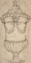 Design for a Lidded Gadrooned Vase with Satyr Heads Holding Garlands