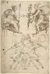 Sheet with multiple Designs; Figurative Scene with Two Women (top) and Two Satyrs Playing Horns, Seated Back to Back (bottom)