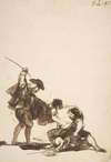 A man with a raised whip breaking up a fight between two figures