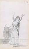 A young woman dancing, her arms raised, a bull in the background