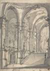 Design for a Stage Sets Groin-vaulted Stairway Leading to a Gallery with Another Stairway to a Second Story at Left