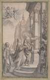 Design for a Frontispiece; A Man Guiding a Crowned Woman and her Attendants to the Entrance of a Palace