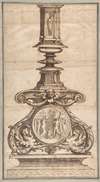 Design of a Candlestick with Winged Figures at Base Surrounding Scenic Medallion