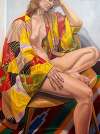 Model on Eames Chair in Patchwork Kimono