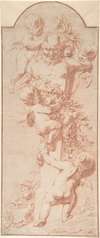 Design for a Panel with Four Putti Decorating a Herm (Terminal Figure) with Garlands of Fruit and Foliage
