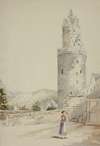 Woman and Child before Walled Town with Tower