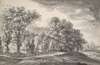 Trees and cottages in hilly landscape