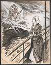 Red Cross nurse standing at the railing of a ship, has a vision of wounded soldiers across a stormy sea