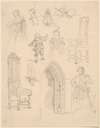Sketches of Baroque costumes and furniture and Gothic architectural details