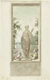 Ontwerp voor een zaalstuk; standbeeld van zintuig Gezicht, daarnaast een jongen met vergrootglas en vrouw met kijker