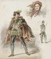 Man in historisch kostuum, een vrouw met hoofddoek en een soldaat