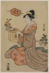 Woman Holding a Wooden Cup Stand Decorated with Chrysanthemums (from the series Elegant Pictures of the Five Seasonal Festivals)