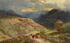 Mountainous Lake Scene With Figures And Cattle