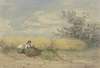 Bäuerin mit Kind vor einem reifen Kornfeld ruhend