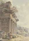 Architektonisches Capriccio, Ruinen einer Tempelfassade, im Hintergrund Landschaft mit Gebäuden und Seebucht