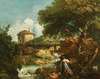 A river landscape with figures, a watermill beyond