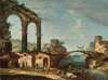 Landscape with classical ruins and figures by a river, a bridge beyond