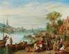 A river landscape with a harbour scene