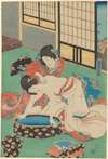 Woman Leaning over Tub, Being Bathed by Her Maid