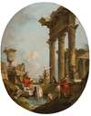 An Architectural Capriccio With Figures Amongst Classical Ruins, A Temple Beyond