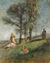 A Young Family Under Trees On A Hill