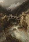 A bridge with travellers crossing a torrent in the Pyrenees