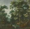 A Wooded Landscape With Deer And Cattle By A River, A Sleeping Herdsman Nearby