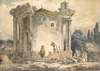 The Temple Of The Sibyl At Tivoli, A Man In A Cloak And Hat Standing On The Steps, A Group Of Monks To The Right