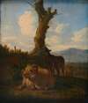 Italianate landscape with a ram, other sheep and a dead tree