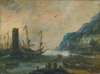 A mediterranean coastal scene with a tower, ships, and figures on the shore