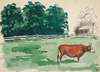 Pasture scene with cow in foreground