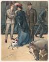 Woman with dog and two men watched by man with horse in foreround