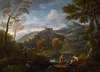 An italianate landscape with figures in the foreground, a hilltop town beyond