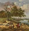 A river landscape with elegant travelers and a beggar in a dune landscape