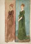 Two sketches of a woman (dressed in red, in green) – costume studies for a play
