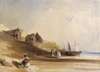 French coastal scene wtih figures, boats and fishing shacks