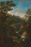 A capriccio of Tivoli with a waterfall and shepherds