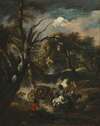 A wooded landscape with bandits ambushing a carriage