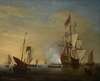 Harbor Scene; An English Ship with Sails Loosened Firing a Gun