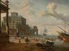 Italianate harbor scene with figures and animals in a grand architectural setting