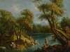 A wooded landscape with figures and animals by a lake