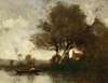 River landscape with a house and man in a boat