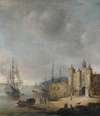 A Harbour Scene With A Man-Of-War And Other Shipping, Figures Conversing On The Shore