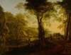 Italianate landscape at sunset, with travelers on a country road