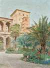 Vedute der Botschaft in Rom; Garten mit Blick auf Bogengänge