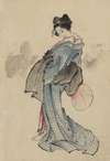 Woman, full-length portrait, standing, facing left, holding fan in right hand, wearing kimono with check design