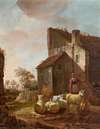 Woman with sheep at the ruins of the gatehouse of Brederode castle
