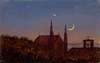 Gotische Kirche über Baumwipfeln bei Mondenschein (Kleine Mondscheinlandschaft mit Kirchlein)