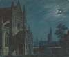 Mondschein über dem Hof einer gotischen Kirche mit reichem Maßwerk