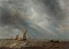 Various sailing vessels and a rowing boat with fishermen on choppy waters under a stormy sky